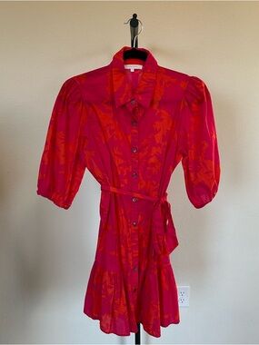 Olivaceous Orange-Pink Floral Tie-Waist Shirt Mini Dress